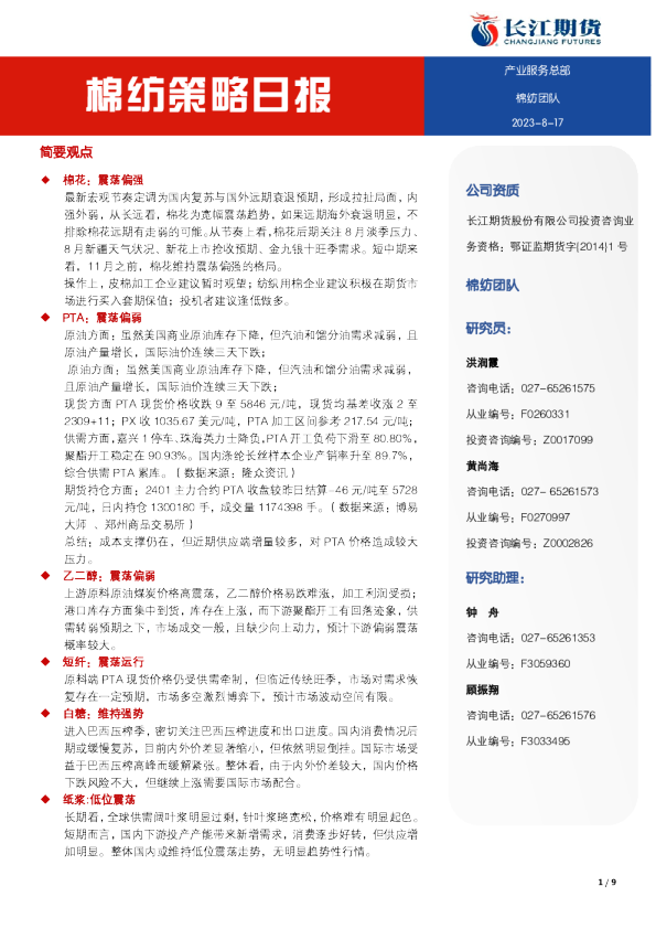棉纺策略日报