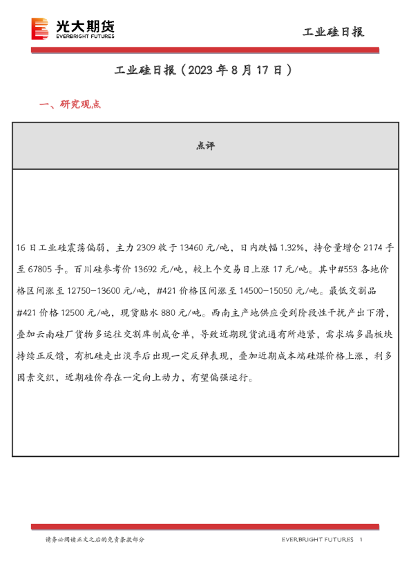 工业硅日报