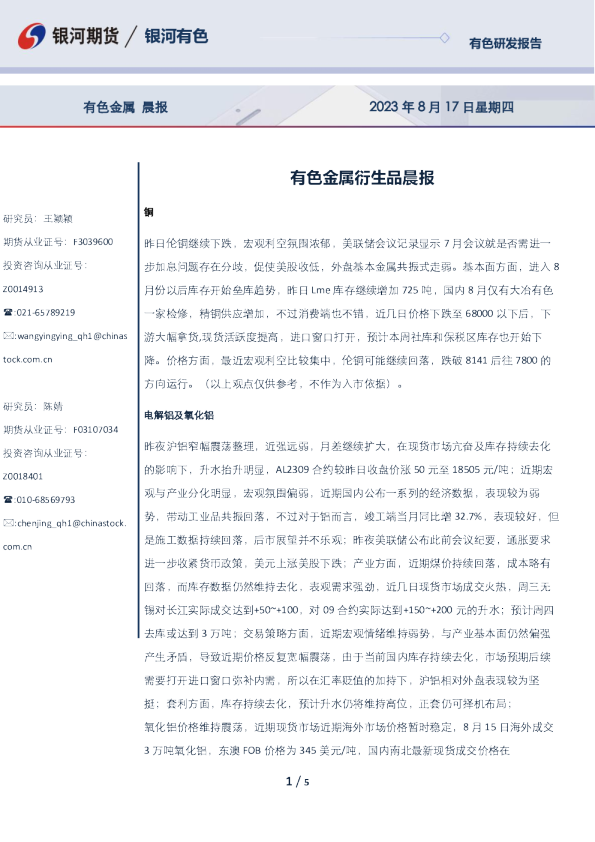 有色金属衍生品晨报