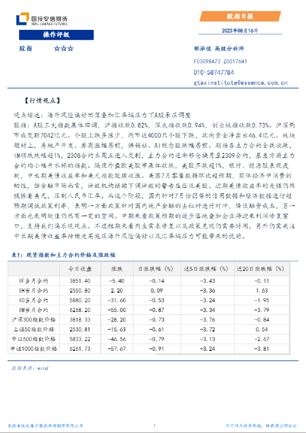 安信期货股指日报