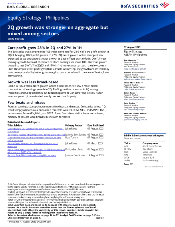 股权策略 - 菲律宾 ： 第二季度总体增长强劲 ， 但各行业间喜忧参半