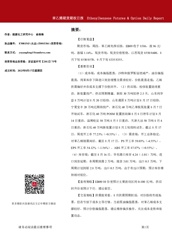 苯乙烯期货期权日报