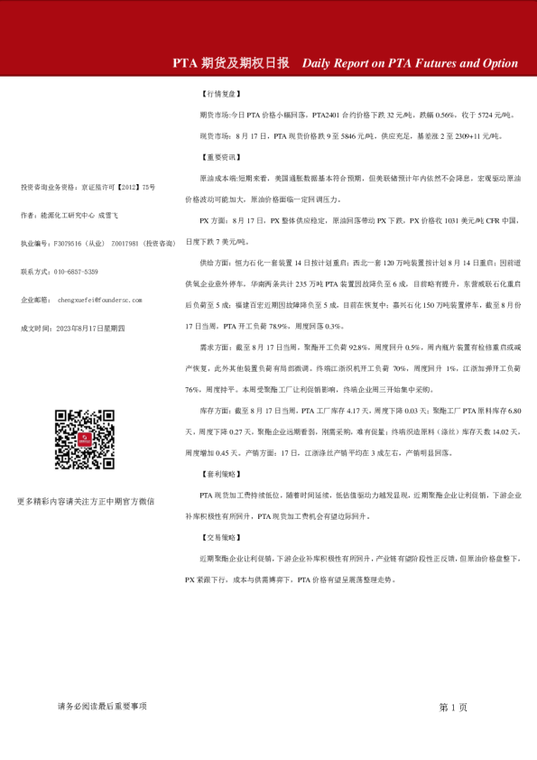 PTA期货及期权日报