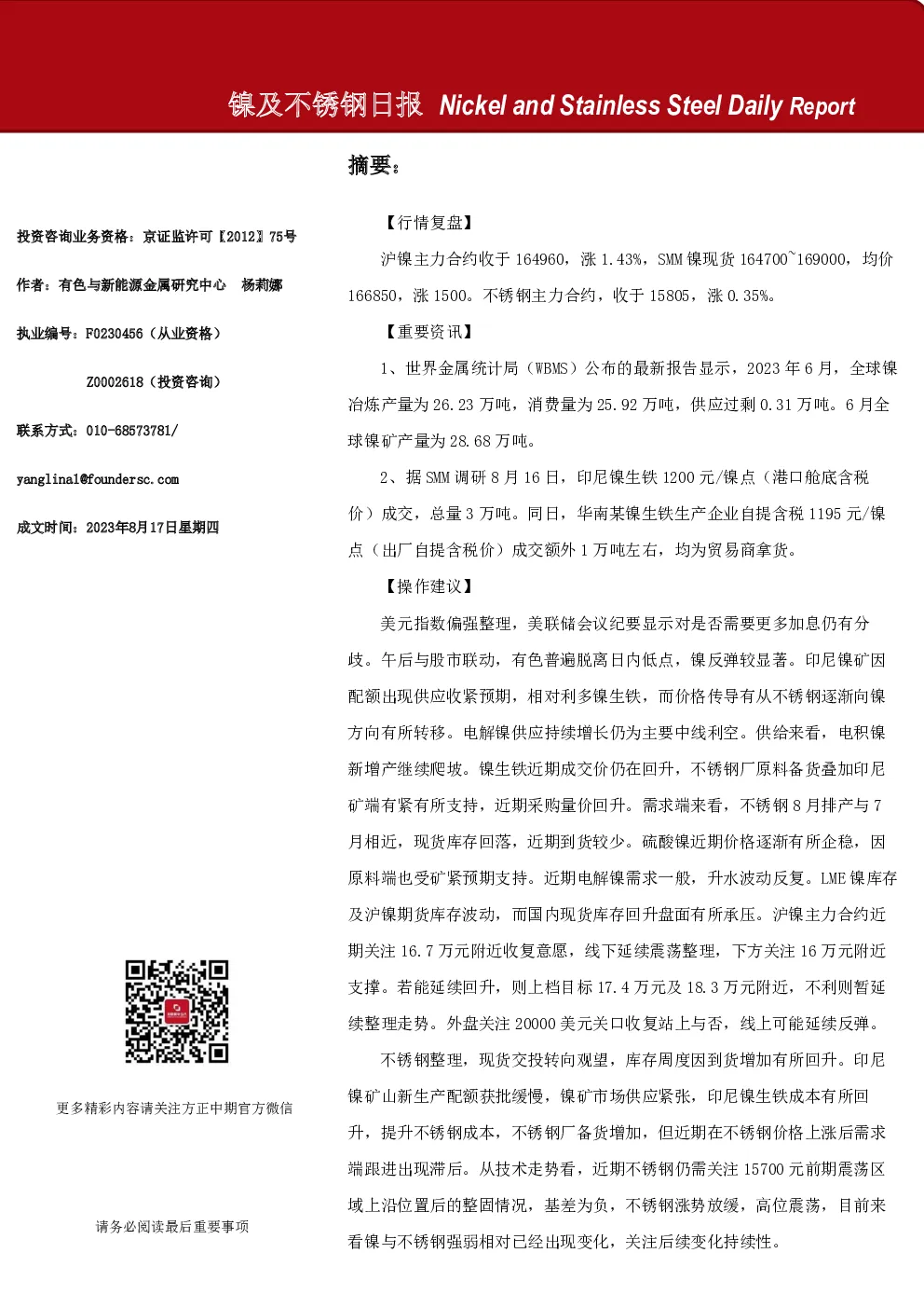 镍及不锈钢日报
