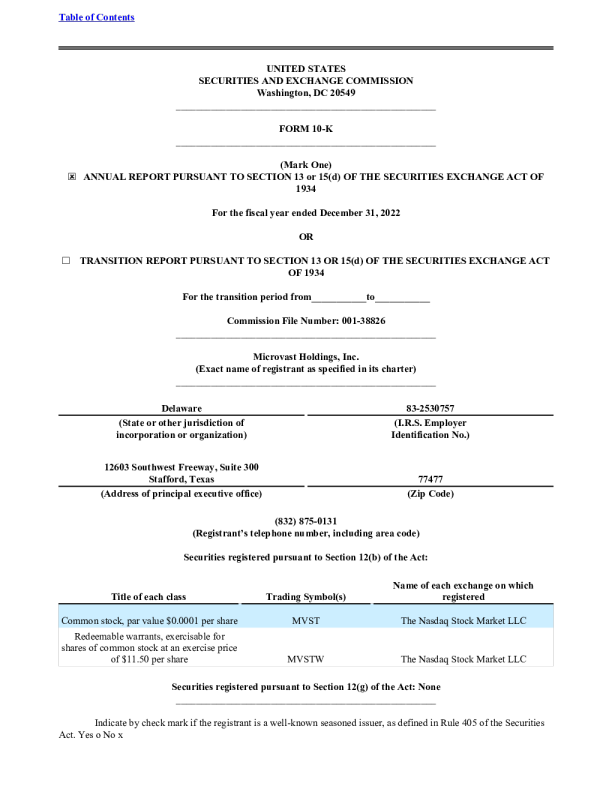 Microvast Holdings, Inc. 2022年度报告