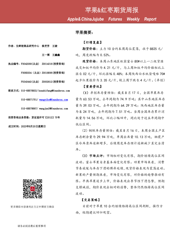 苹果&红枣期货周报