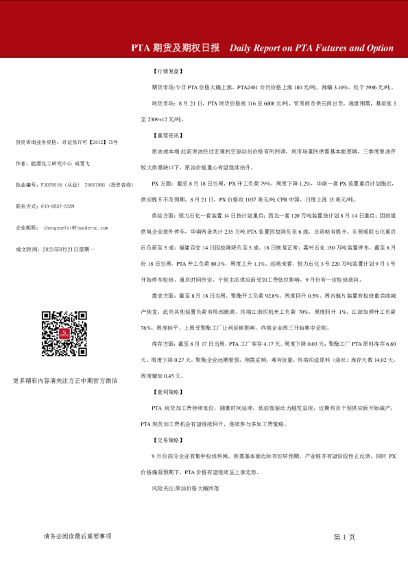 PTA期货及期权日报