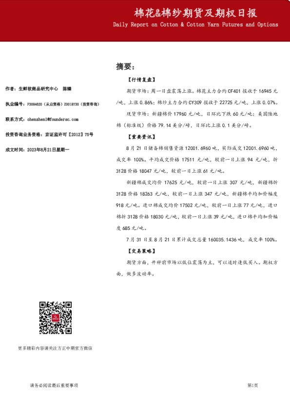 棉花&棉纱期货及期权日报
