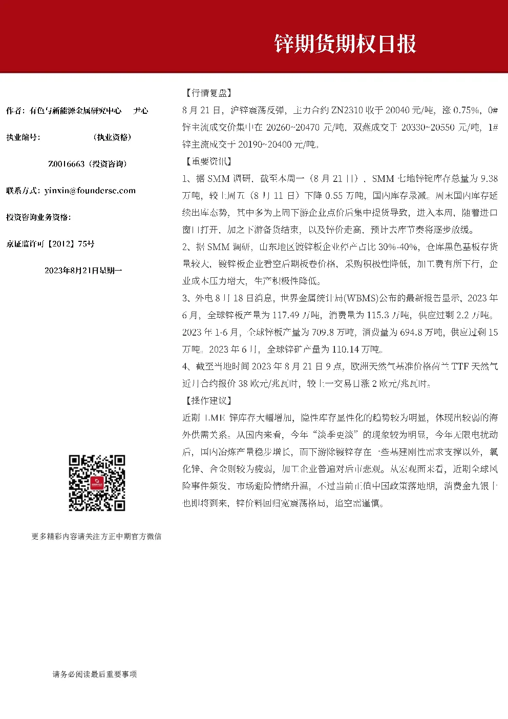 锌期货期权日报