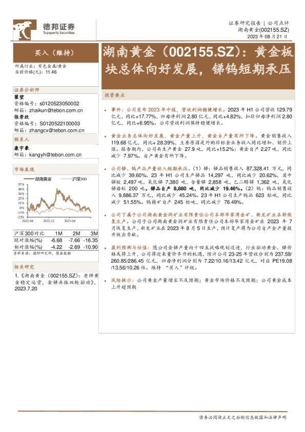 黄金板块总体向好发展，锑钨短期承压