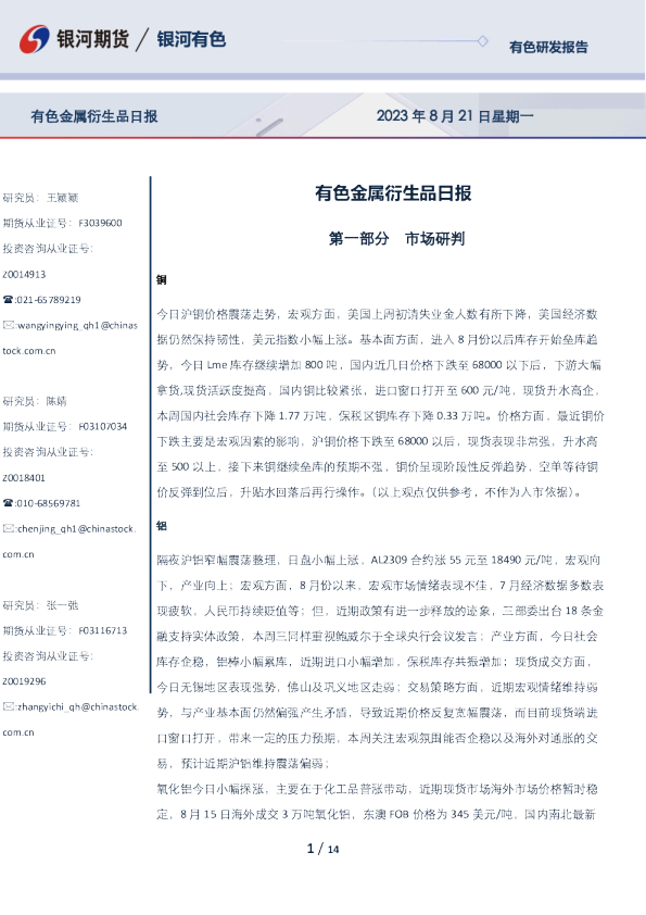 有色金属衍生品日报