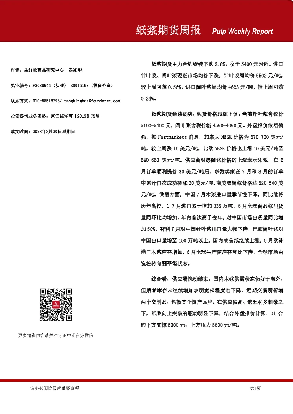 纸浆期货周报
