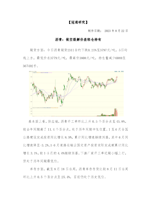 沥青：做空裂解价差轻仓持有