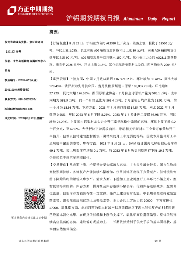 沪铝期货期权日报