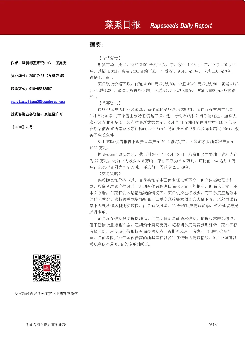 方正中期期货菜系日报