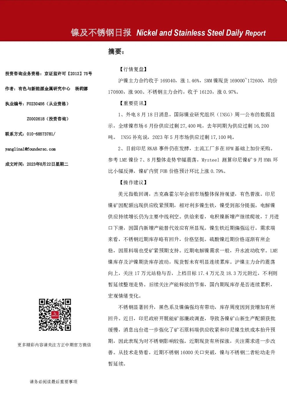 镍及不锈钢日报