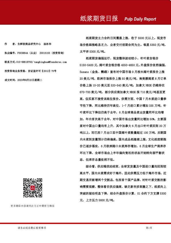 纸浆期货日报