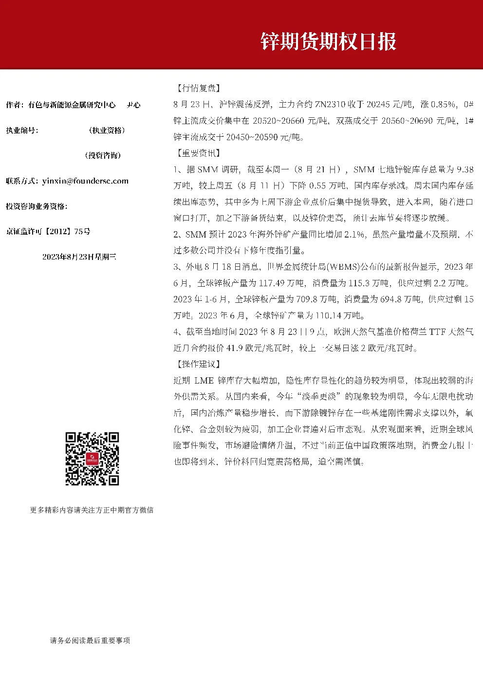 锌期货期权日报