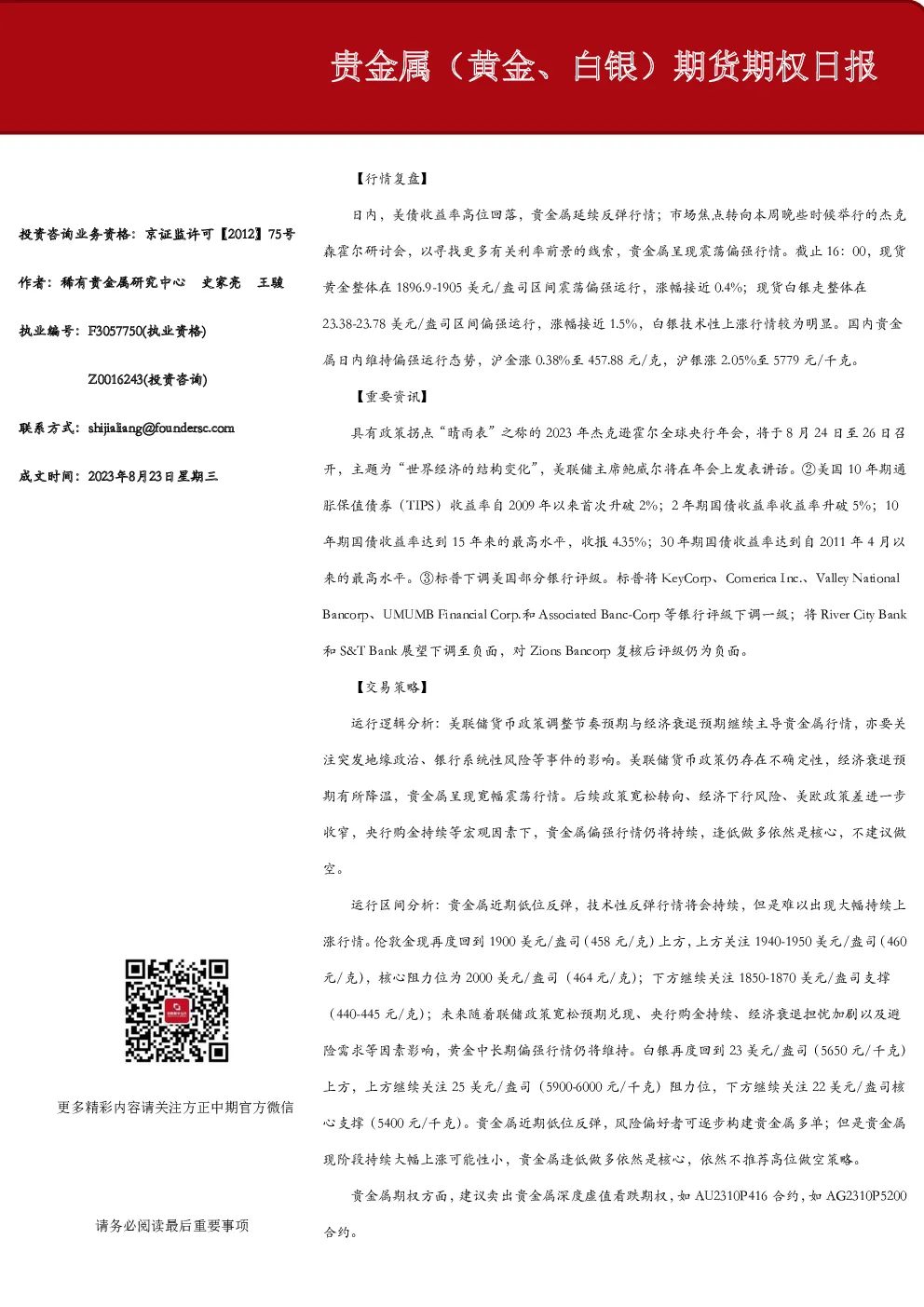 贵金属（黄金、白银）期货期权日报