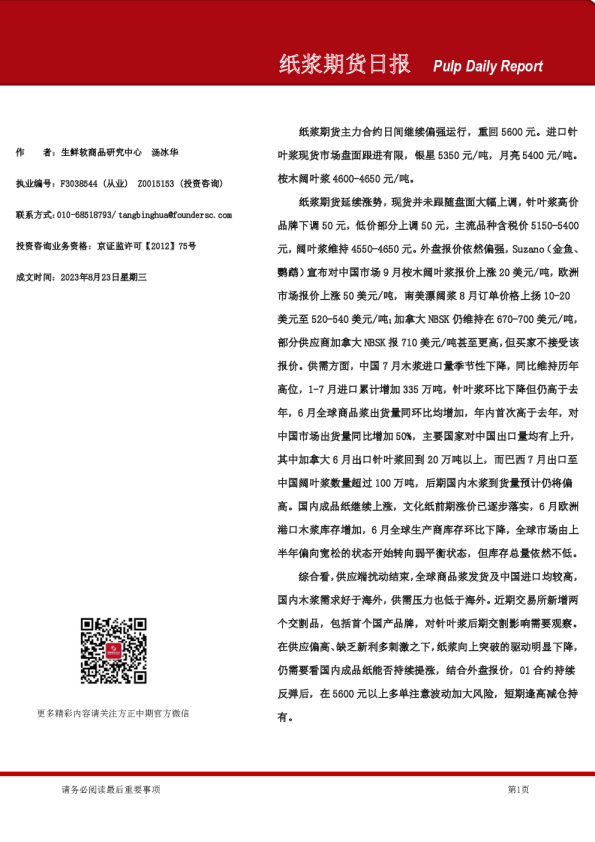 纸浆期货日报
