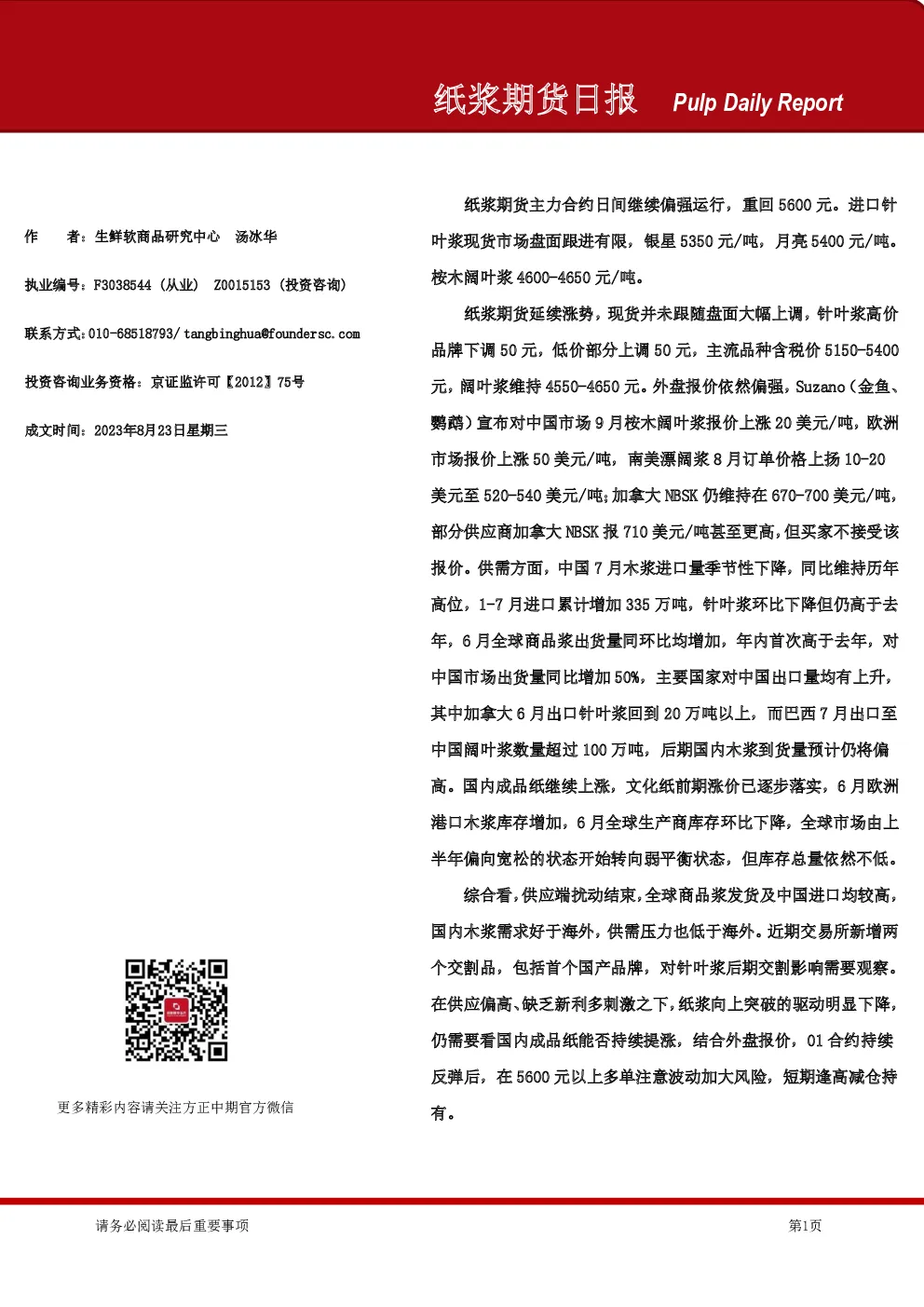 纸浆期货日报