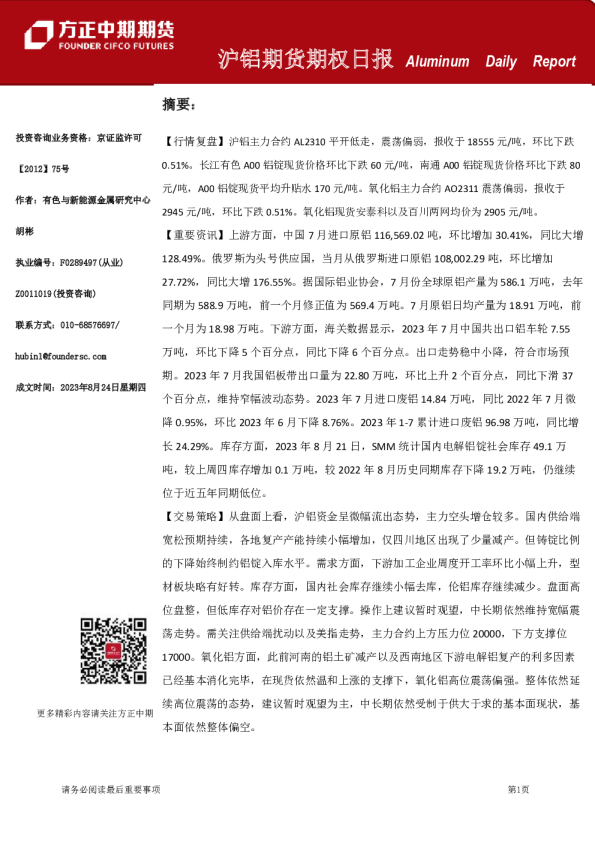 沪铝期货期权日报