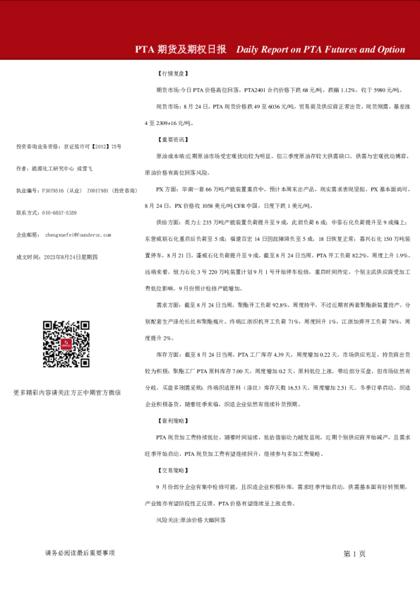 PTA期货及期权日报