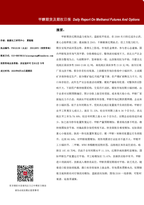 甲醇期货及期权日报