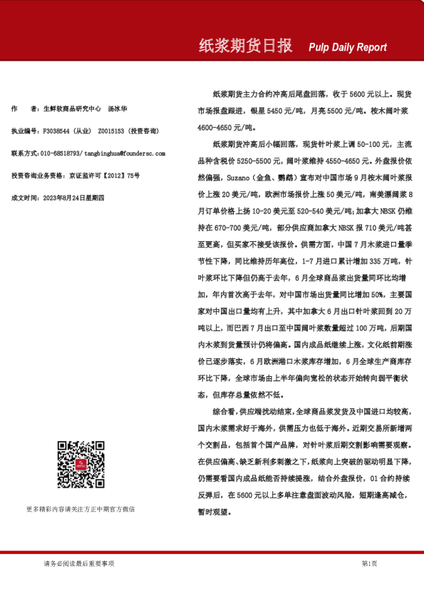 纸浆期货日报