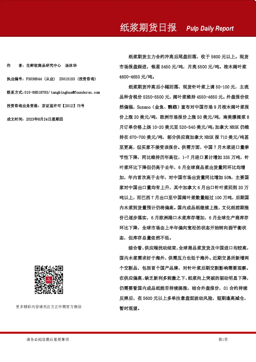 纸浆期货日报