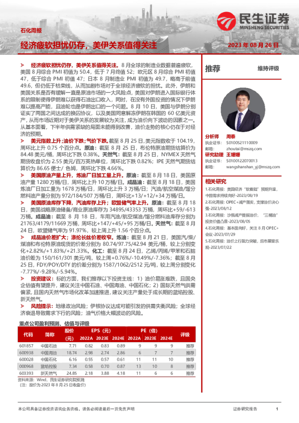 石化行业周报：经济疲软担忧仍存，美伊关系值得关注