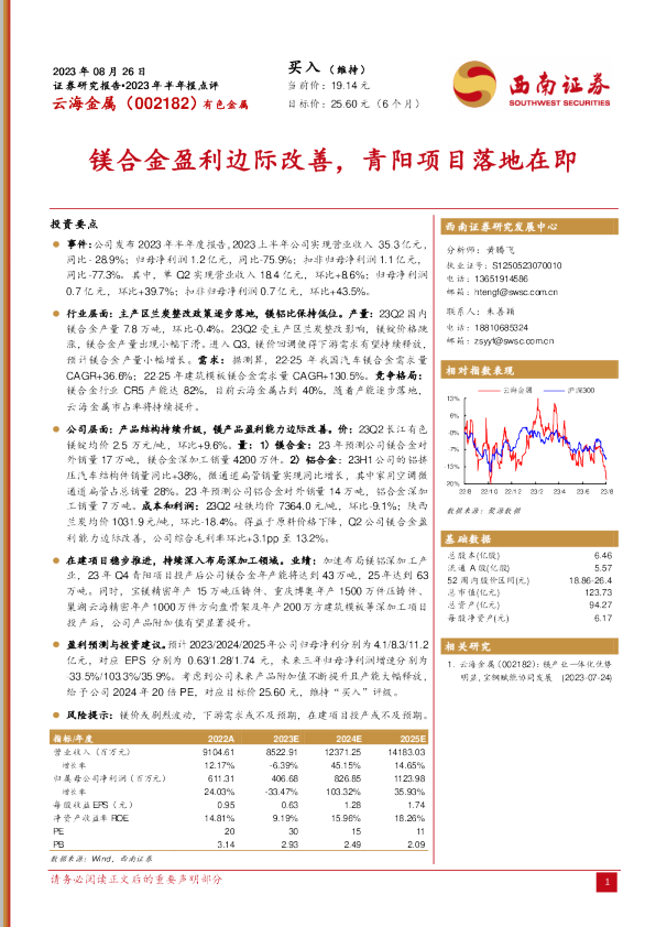 镁合金盈利边际改善，青阳项目落地在即