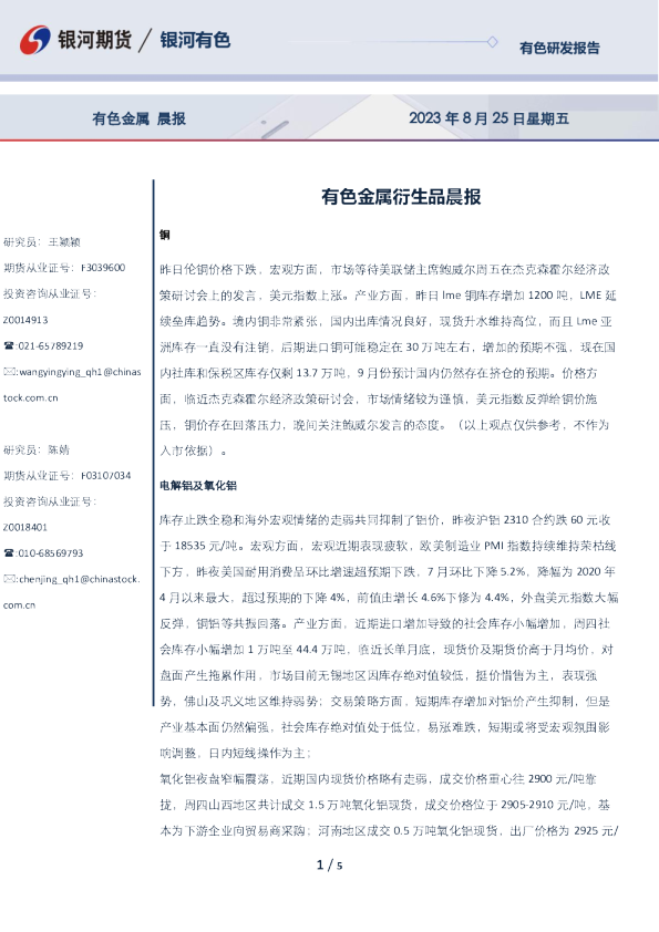 有色金属衍生品晨报