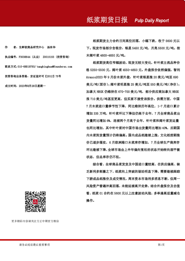 纸浆期货日报
