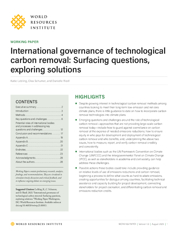 技术碳去除的国际治理 ： 表面问题 ， 探索解决方案