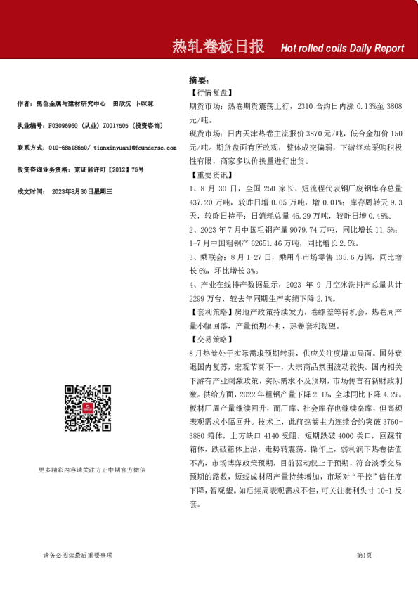 热轧卷板日报