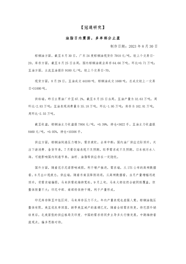 油脂日内震荡，多单部分止盈