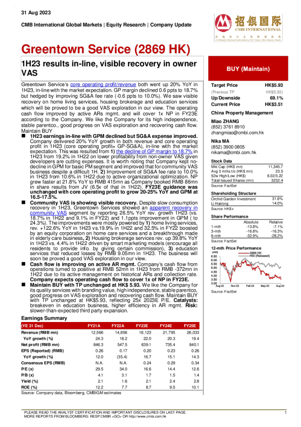 - 1H23 结果在线 ， 在所有者 VAS 中可见恢复
