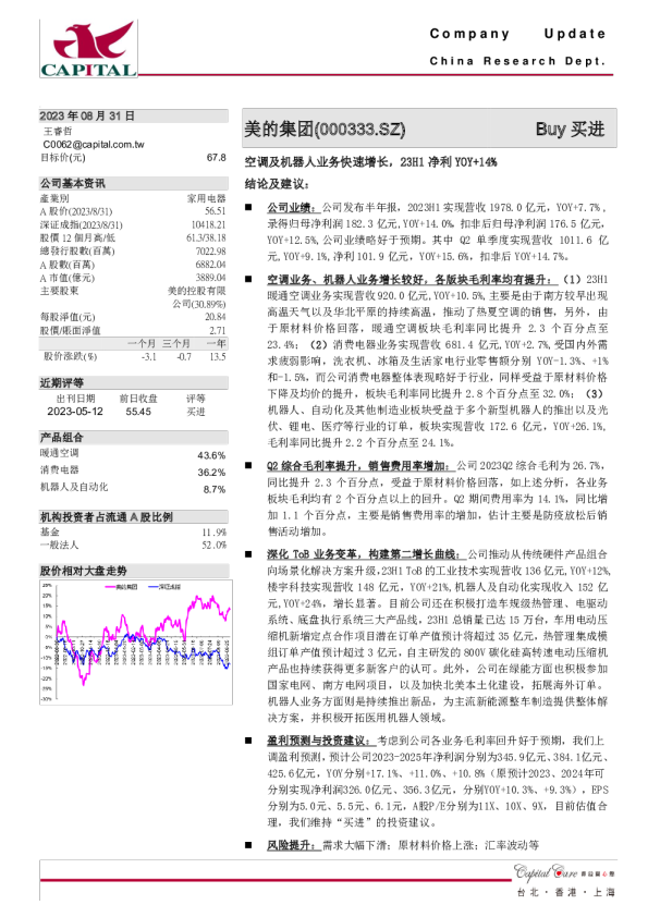 空调及机器人业务快速增长，23H1净利YOY+14%