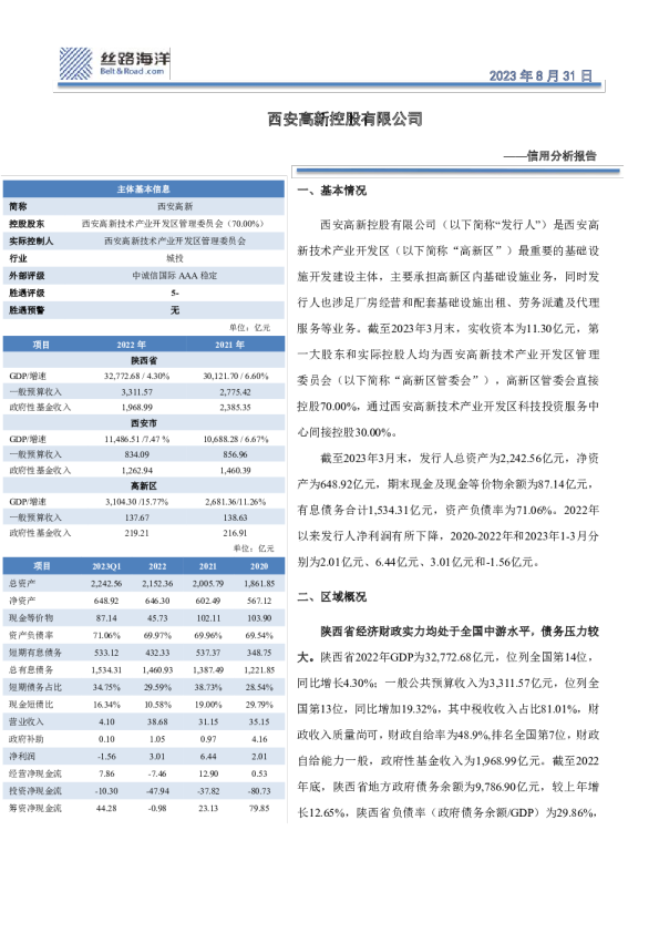信用分析报告：西安高新控股有限公司