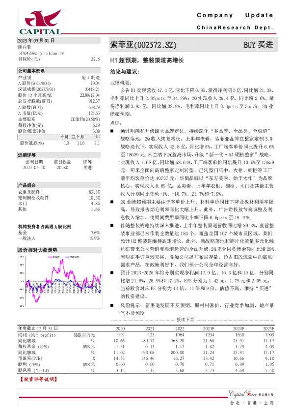 H1超预期，整装渠道高增长