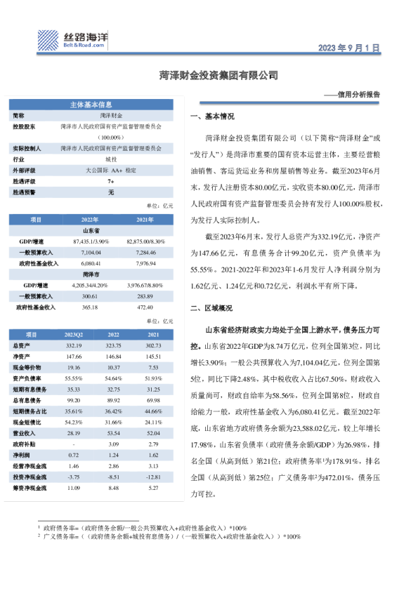 信用分析报告：菏泽财金投资集团有限公司