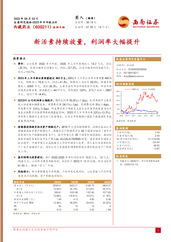 新活素持续放量，利润率大幅提升