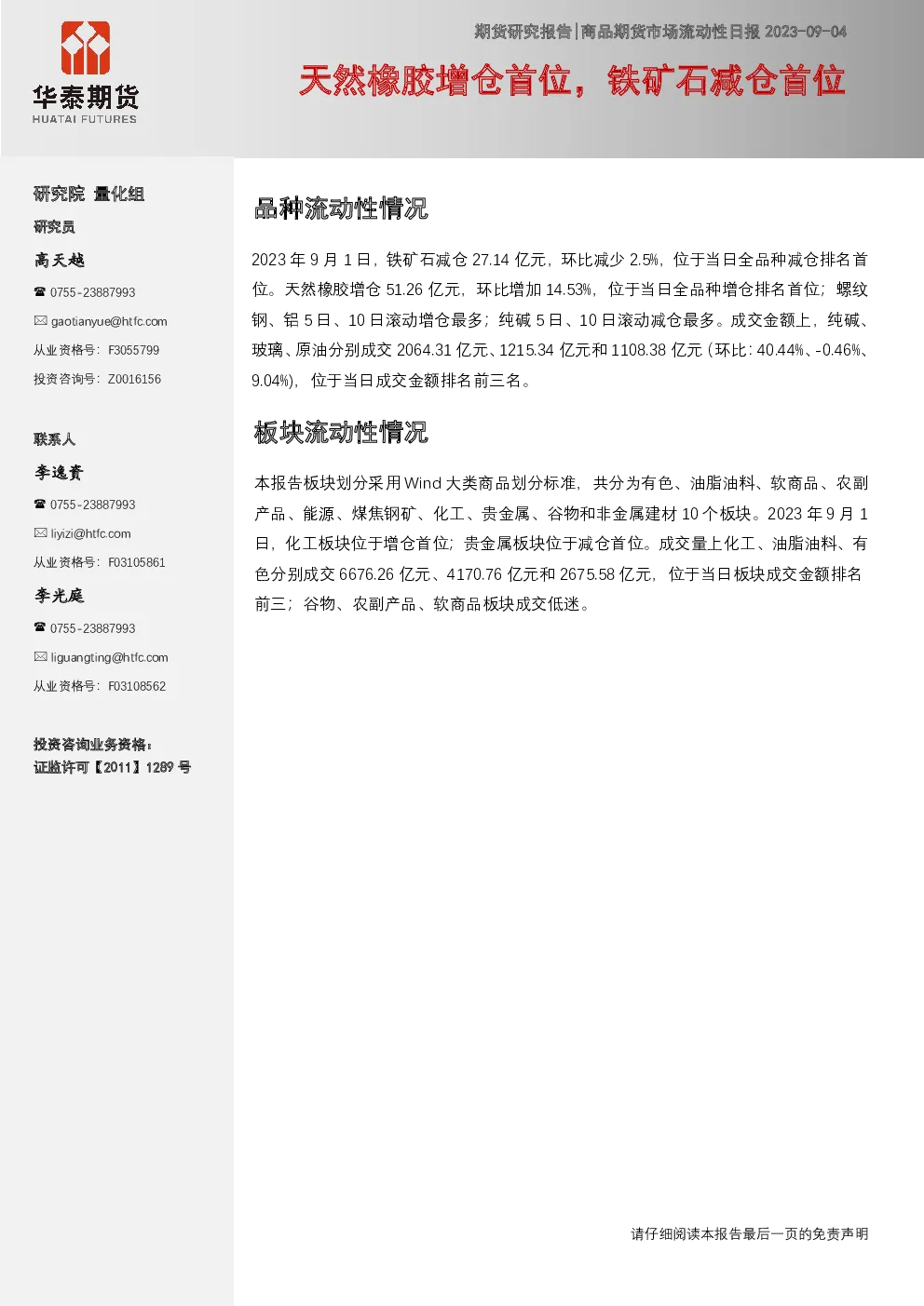 商品期货市场流动性日报：天然橡胶增仓首位，铁矿石减仓首位