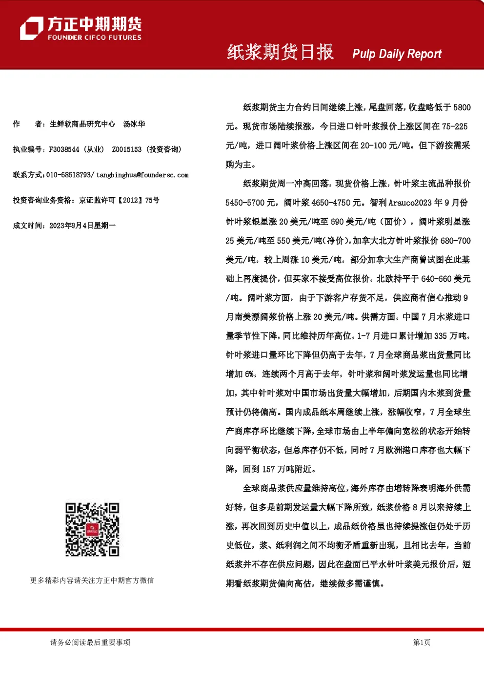 纸浆期货日报