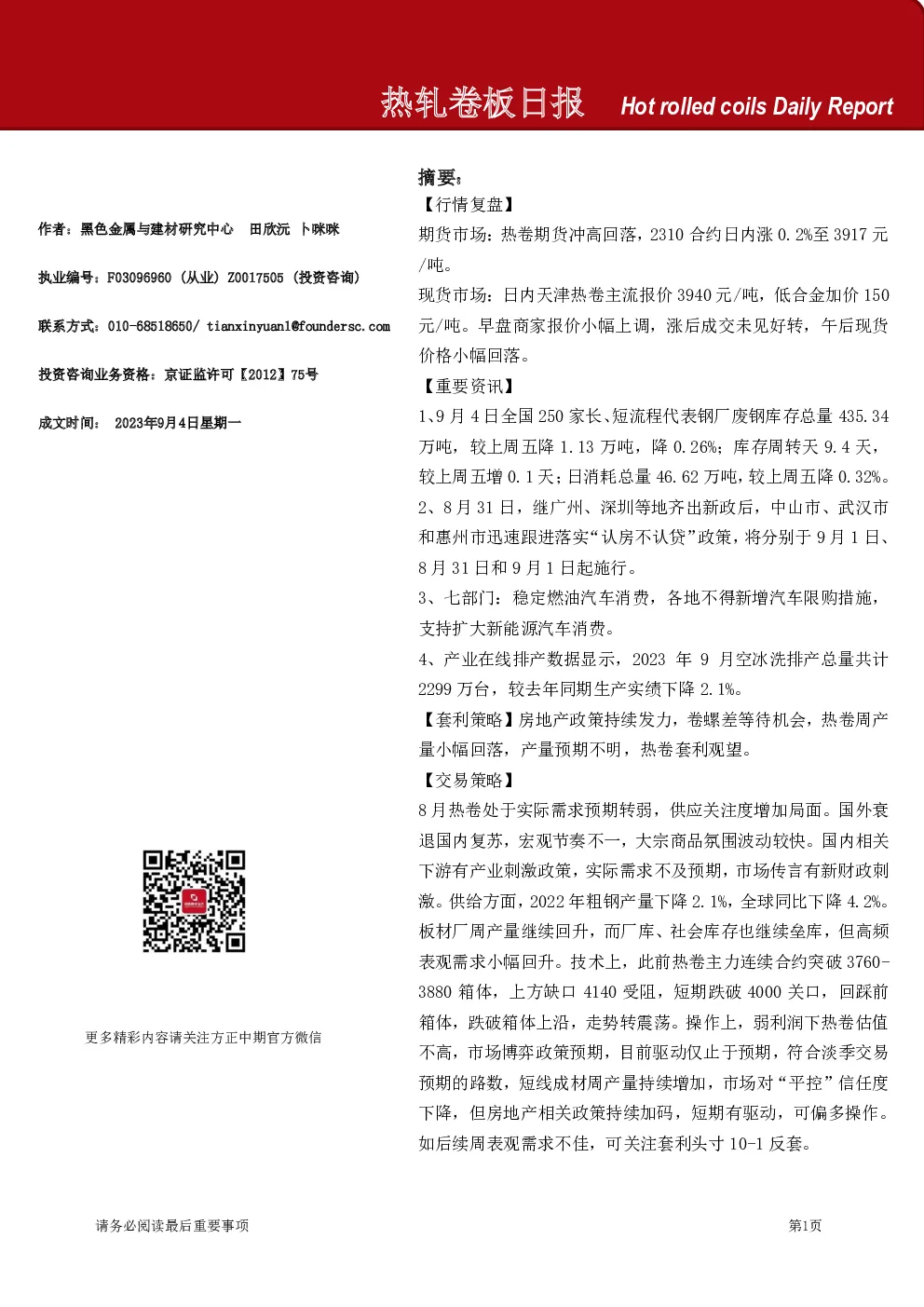 热轧卷板日报