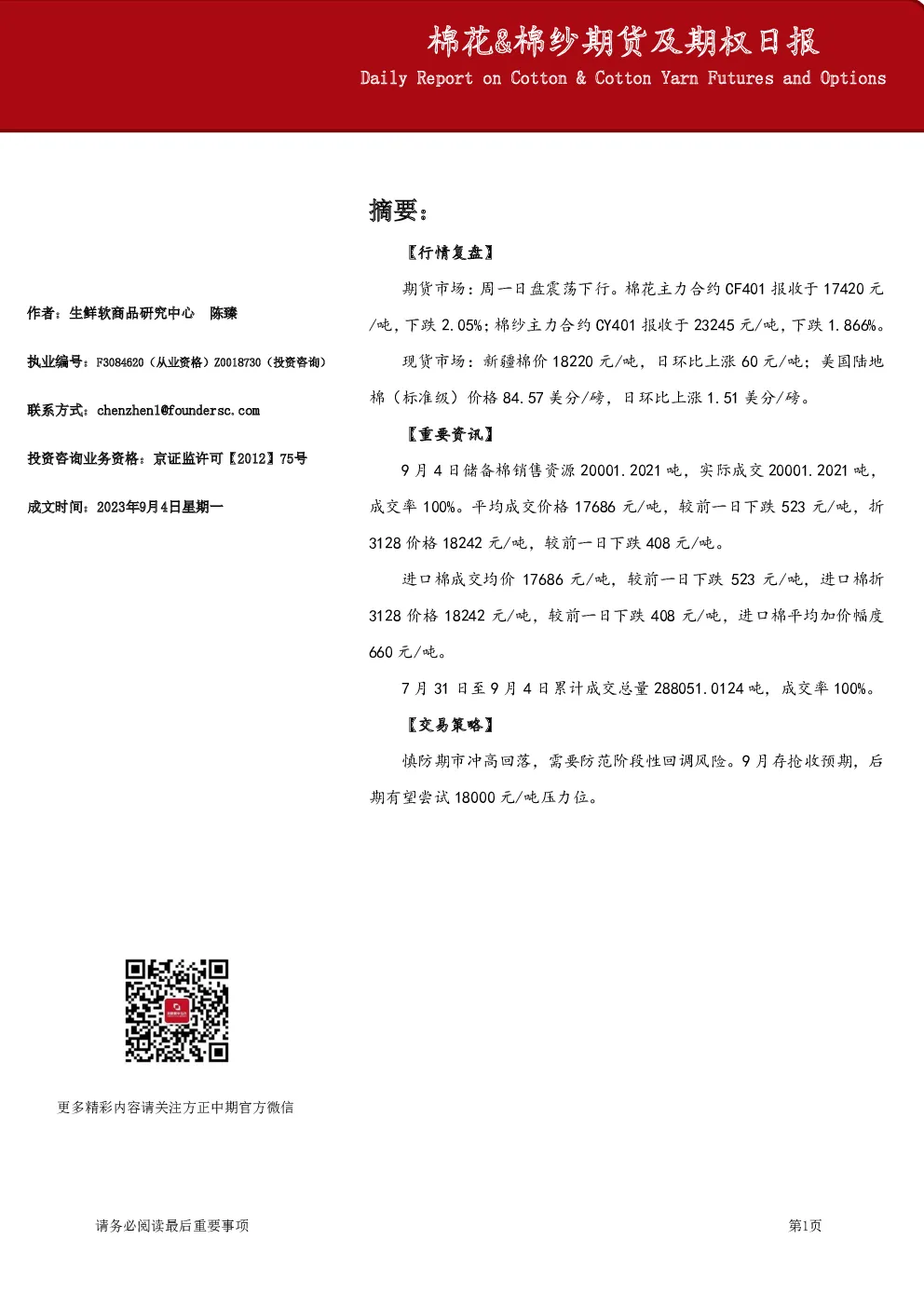 棉花&棉纱期货及期权日报