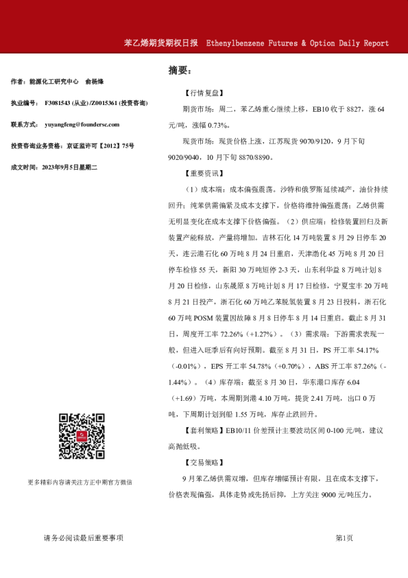 苯乙烯期货期权日报