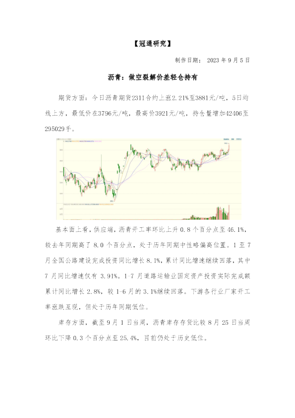 沥青：做空裂解价差轻仓持有