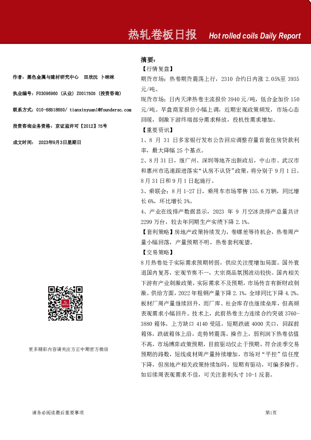 热轧卷板日报